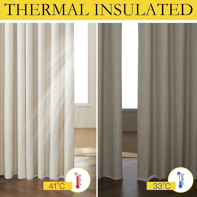 NICETOWN Natural Linen Curtains 45" Long with Noise Reducing for Small Window, 52" Wide, 2 PCs, Complete Blackout Drapes, Thermal Insulated & Noise Reducing Window Draperies with White Liner
