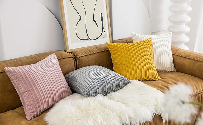 UGASA Velvet 12x20 Inch Lumbar Throw Pillow Cover, Both Sides Corduroy Striped, Soft Solid Decorative Rectangular Cushion Case for Couch/Bedroom/Car, 1 Piece, Cream