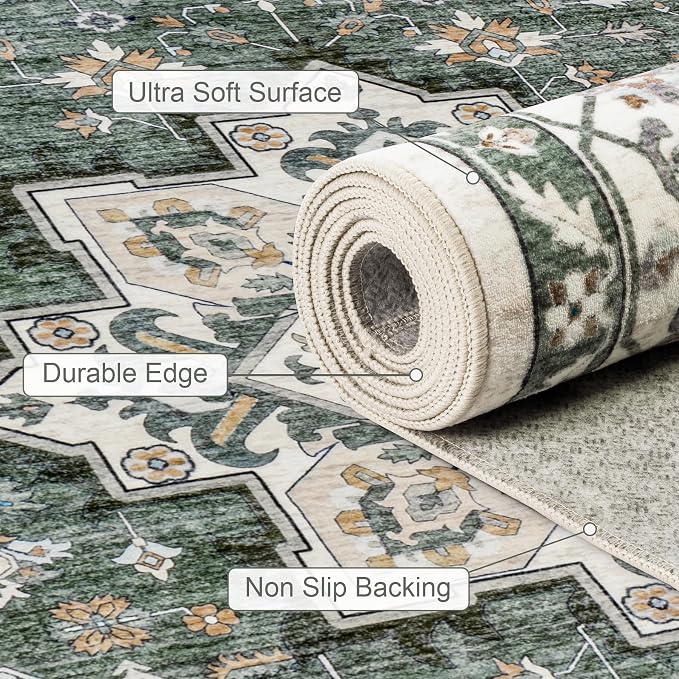 Round Area Rug for Living Room: 8 ft Washable Vintage Boho Soft Thin Circle Rug Indoor Floor No Slip Stain Resistant Carpet for Bedroom Dining Room Farmhouse Nursery Home Office - Green Ivory