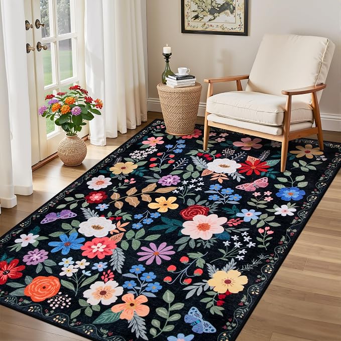 Area Rug Living Room Rugs: Floral 3x5 Washable Rug Vintage Soft Boho Non-Slip Carpet Indoor Floor Stain Resistant Large Carpets for Bedroom Dining Room Farmhouse Nursery Hallway Black