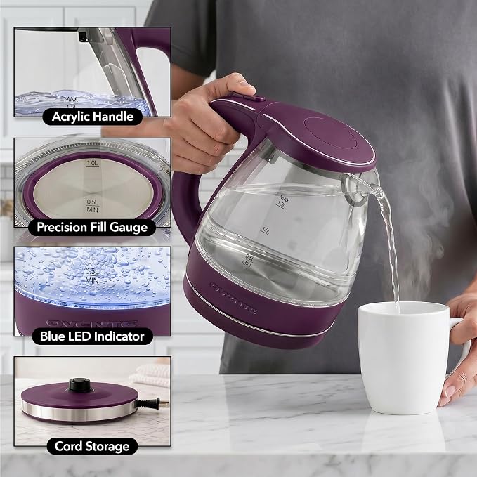 OVENTE Electric Kettle, 1.5L Borosilicate Glass Countertop Water Heater and Boiler for Coffee or Tea, BPA-Free, Auto Shut-Off, Boil-Dry Protection, Removable and Washable Spout Filter, Purple KG83P