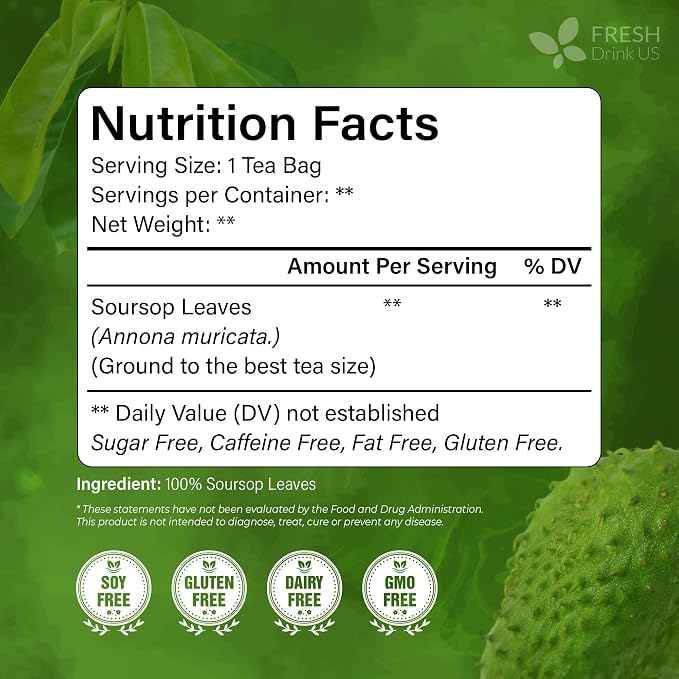 FreshDrinkUS, Premium 33 Soursop Graviola Leaf Tea Bags, 100% Natural & Pure from Soursop Leaves, Hoja Guanabana Herbal Tea. Made with Natural Material Tea Bags. No Sugar, No Caffeine, Vegan.