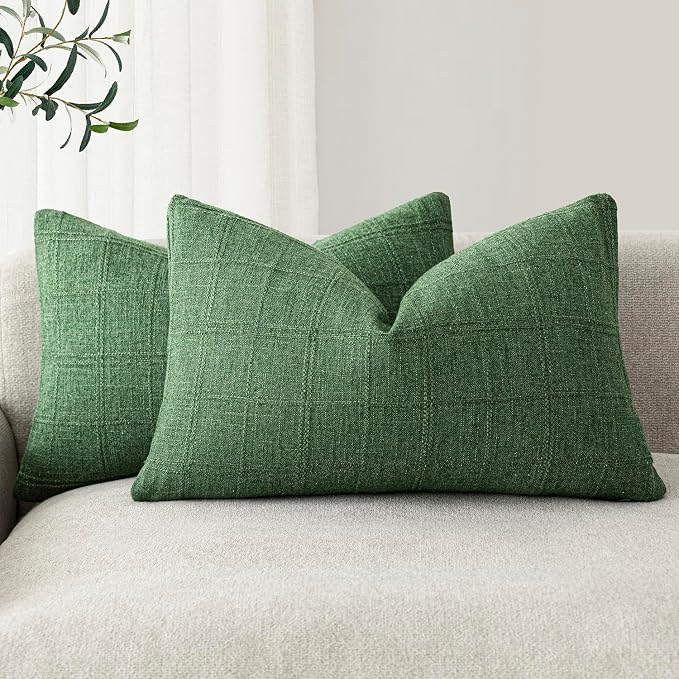 Foindtower Set of 2 Decorative Linen Check Throw Pillow Covers Neutral Farmhouse Lumbar Cushion Covers Modern Boho Accent Home Decor for Sofa Chair Couch Bedroom Living Room,12×20 Inch,Forest Green