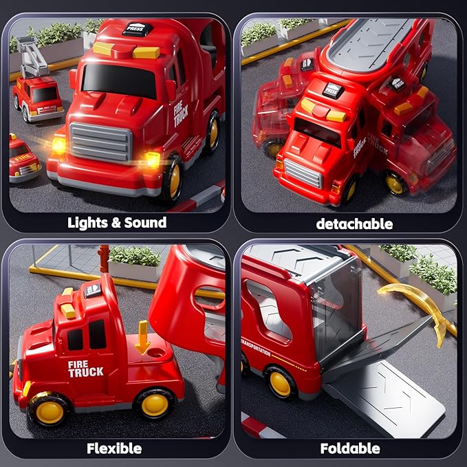 Fire Truck Toys for Toddler 1-3 3-5, 7-in-1 Fire Car Carrier Vehicle Set for Girls 1 2 3 4 5 6 Years Old, Transport Car with Light Sound, Birthdays Gifts for Kids Girls Aged 3-9