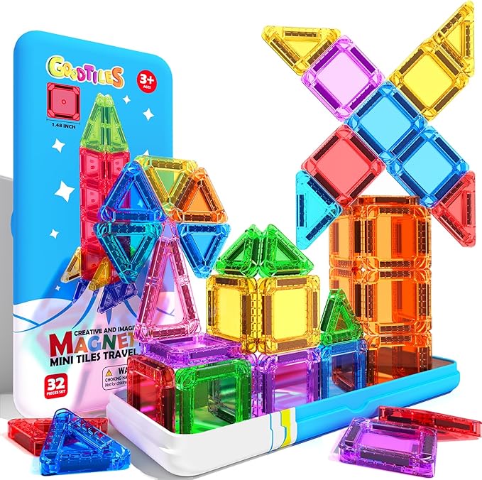 Mini Magnetic Tiles, Magnetic Travel Toys with Portable Tin, STEM Preschool Toddlers Toys for Kids Ages 3-5 4-8, Ideal Birthday&Christmas Gifts for 3+ Years Old Boys and Girls