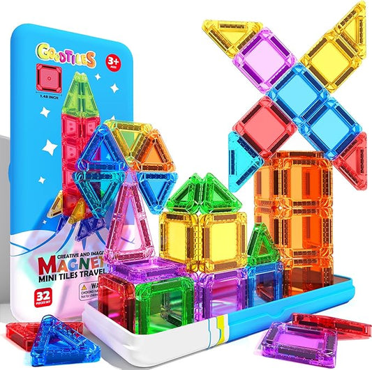 Mini Magnetic Tiles, Magnetic Travel Toys with Portable Tin, STEM Preschool Toddlers Toys for Kids Ages 3-5 4-8, Ideal Birthday&Christmas Gifts for 3+ Years Old Boys and Girls