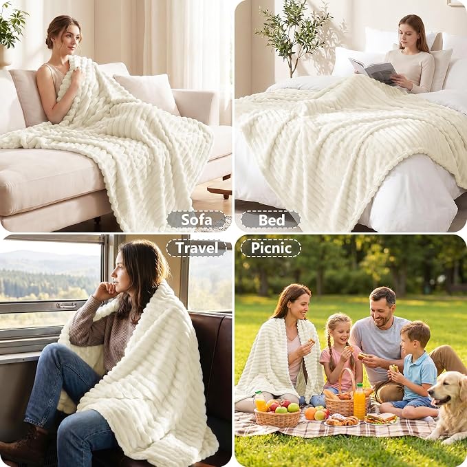 Cream White Throw Blanket for Couch & Bed, 50 x 60 Inch | 300GSM Ribbed Fleece Blanket, Soft, Cozy & Lightweight, OEKO-TEX Certified, All-Season Use for Travel, Dorm & Home Decor