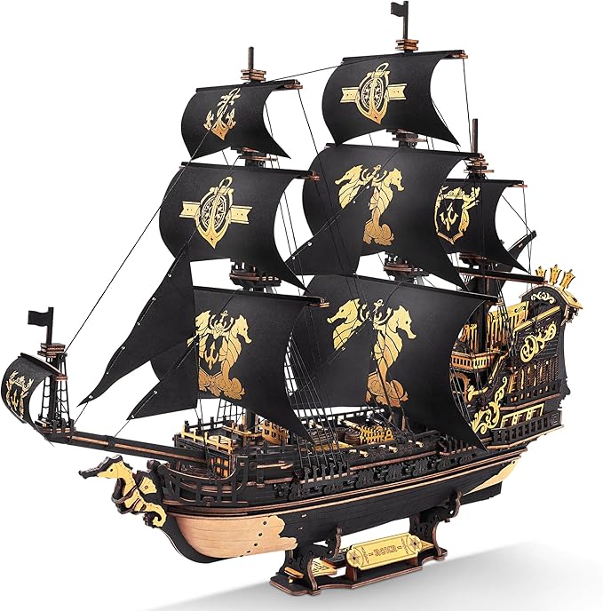 ROKR Seahorse Barque 3D Wooden Puzzle for Adult - Sailboat Model Kit, 603-Piece DIY Assembly, 1:100 Scale Sailboat MCB02