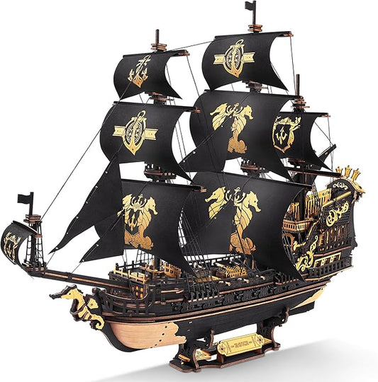 ROKR Seahorse Barque 3D Wooden Puzzle for Adult - Sailboat Model Kit, 603-Piece DIY Assembly, 1:100 Scale Sailboat MCB02