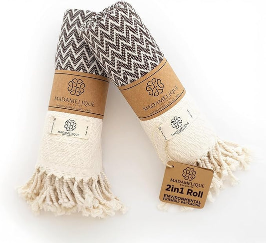 Madamelique Exclusive Hand Towels Set of 2-18 x 40 Inches - Decorative Bathroom Peshtemal Towel for Hand, Face, Hair, Yoga, Tea, Dishcloth, Kitchen and Bath - 100% Pure Cotton (Chocolate)