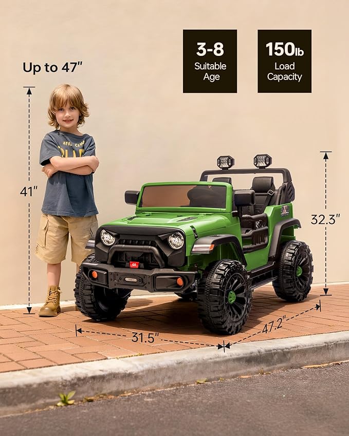 Outfunny 2 Seater Ride on Car Toy, 24V 4WD Electric Car for Kids 4-8 with Remote Control, 4x200W Motors, Capacity 150 lb - Army Green