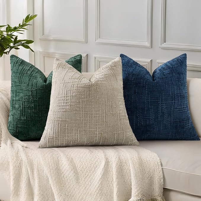 decorUhome Textured Chenille Throw Pillow Covers 20x20 Set of 2 Green | Fall Modern Farmhouse Soft Cozy Slubby Couch Pillow Cases Boho Decorative Pillow Cases for Bed Sofa Living Room Home Decor