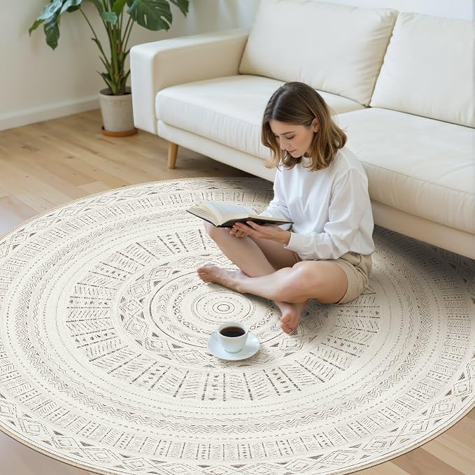cotiled 6x6 Round Area Rugs Living Room Rug: Washable Boho Rugs with Non Slip Backing Large Soft Indoor Stain Resistant Carpet for Bedroom Farmhouse Dining Room Lightweight Home Decor L Brown/Cream
