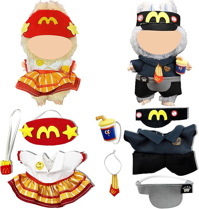 Doll Clothes for Labubu,Cute Outfit for 17cm Doll Clothe 2/3PCS Clothes and Hats Stylish Dolls Clothe for 17 cm Labubu,Casual Style Costumes for Labubu Dolls (Red Black McDonald's Set)