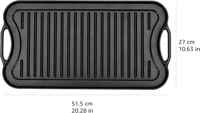 Amazon Basics Pre-Seasoned Cast Iron Reversible Rectangular Grill/Griddle with Even Heat Distribution, Black, 20 x 10.63 x 0.98 inch