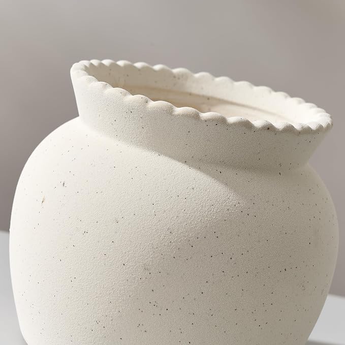 SIDUCAL Ceramic Flower Vase with Wide Mouth Lace, 4.8 Inch Pottery Rustic Farmhouse Boho Vases, Small Terracotta Vase for Home Decor, Table, Living Room, Bathroom, Shelf, Wedding, White