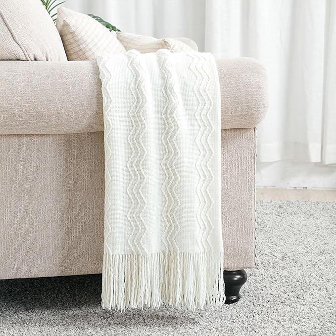 BOURINA Off White Throw Blanket 50x90 Inch Boho KnitSoft Throw Sofa Blanket | Knitted Throw Blanket 50x90 Inches, Soft Lightweight Boho Weave Throw Decorative Couch Blanket for Living Room Bedroom Chair