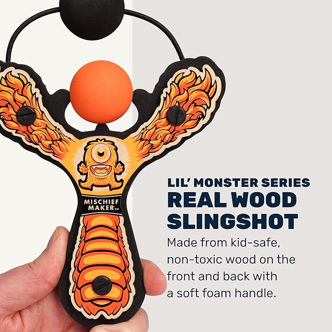 Mischief Maker® Wooden Slingshot - Lil’ Monster Series - Real Wood Slingshot for Kids, 4 Soft Foam Balls and Storage Bag - Ages 4+ (Orange)
