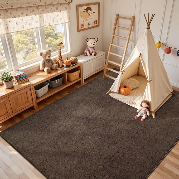 FinRèc 4x6 Washable Area Rugs for Bedroom Living Room, Low Pile Thin Rug Solid Color, Non-Slip Carpet Indoor for Home Decor (Pure Brown)