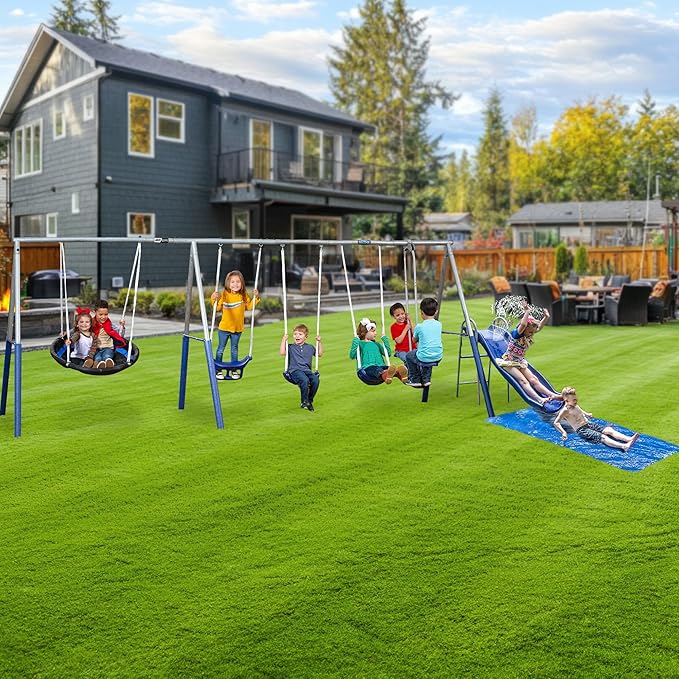 XDP Recreation Fun Always Outdoor Playground with Water Slide, Super Disc Swing, and AirGlider for 2 with Foot-Rests, for up to 8 Kids