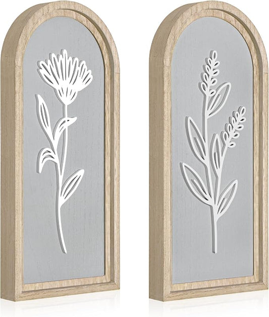 Gray Bathroom Wall Decor Set of 2, Arched 3D Wooden Floral Wall Art Panels | Raised white floral cutouts in arched frames, ready to hang; neutral boho farmhouse decor for bedroom, hallway and entryway