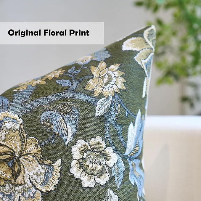 Neutral Floral Pillow Cover 12x20, Vintage Linen Lumbar Pillow Cover Soft Decorative Farmhouse Accent Pillow Case for Couch Bedroom Living Room Home Decor, Green