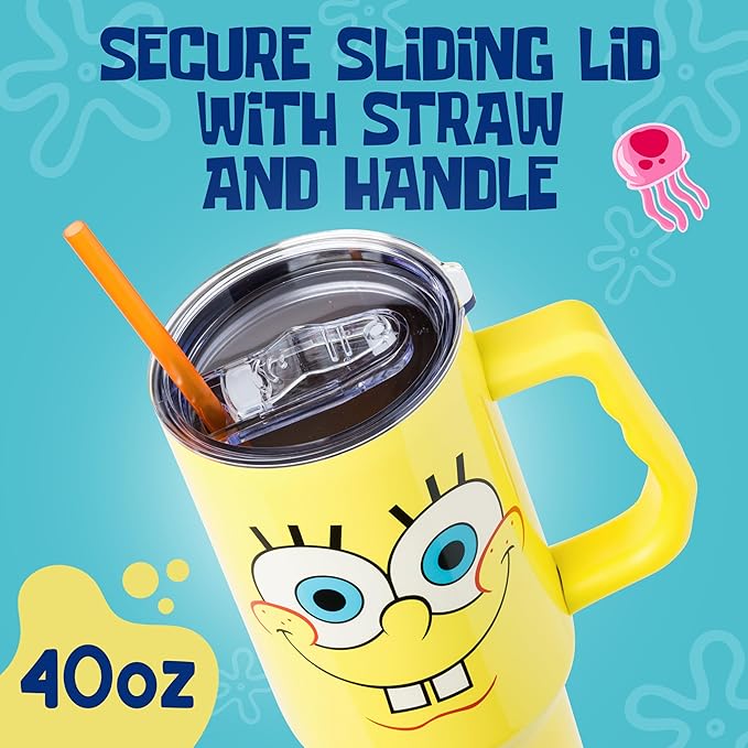 Silver Buffalo SpongeBob SquarePants Double Walled Stainless Steel Tumbler with Handle, Fits in Standard Cup Holder, 40 Ounces