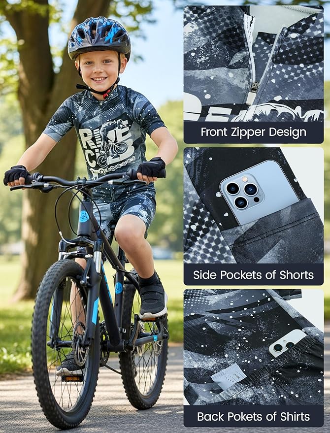 Gogokids Boys Cycling Jersey Set 3D Padded Bike Suit Kids Road Mountain Riding Shorts Bicycle Sportswear for 7-14Y
