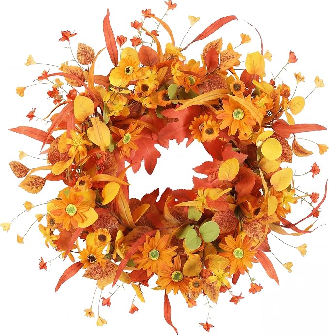 20" Fall Wreath Front Door Artificial Daisy Wall Decor Farmhouse Autumn Wreath Thanksgiving Home Porch Outdoor Indoor Holiday Harvest Decor