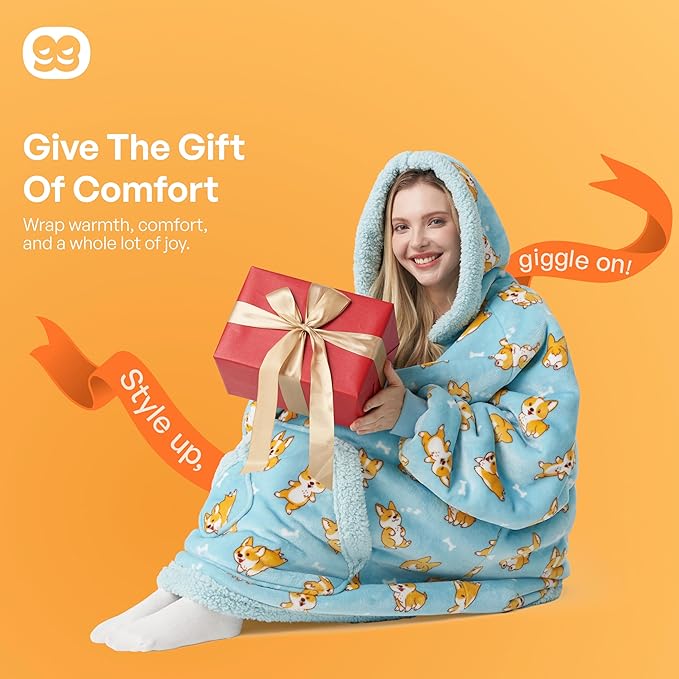 Giggling Getup Wearable Blanket Hoodie for Adults Gifts for Teen Girls Sister Women Sherpa Fleece Printed Hooded Blanket Sweatshirt Warm Cozy with Pocket & Sleeves Blue Corgi