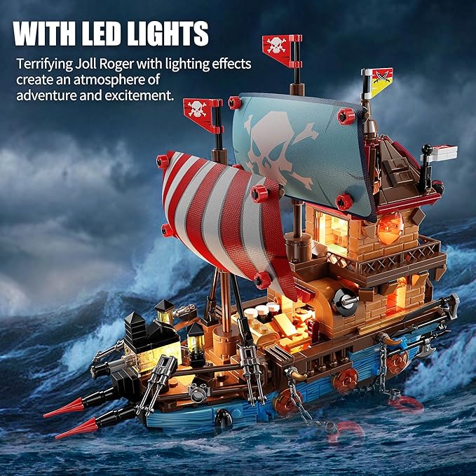 Pirate Ship Building Kit (916 Pcs) with LED Lights - Standard Brick - Compatible Creative Pirate Toy Model - Ideal Gift for Kids, Teens, Adults & Boys Ages 8-12 (Birthday/Christmas/Party)