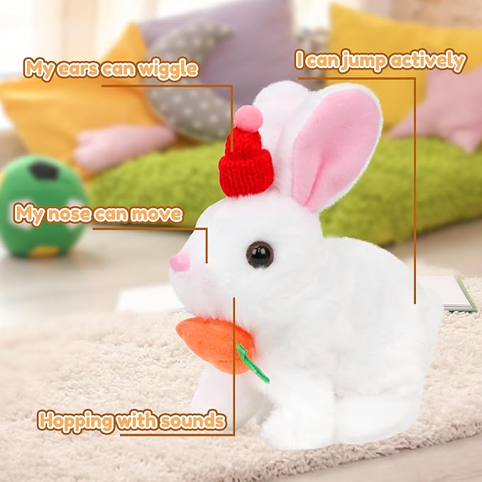 Easfan Hopping Bunny Plush Jumping Spotted White Rabbit with Hat Ears Nose Moving Educational Plush Toy Interactive Toy Electric for Toddlers Kids,7"