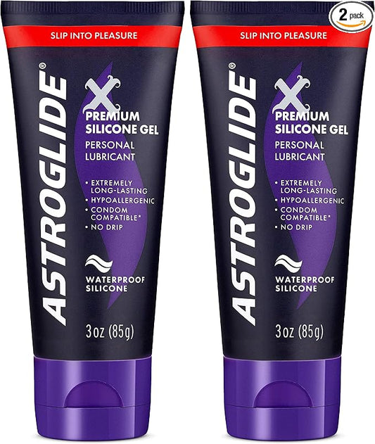 Astroglide Silicone Lube (3oz), X Premium Gel Personal Lubricant for Vaginal and Anal Sex, No Drip Stay-Put, Lube for Men, Women and Couples, Waterproof-for Water Play (Pack of 2)