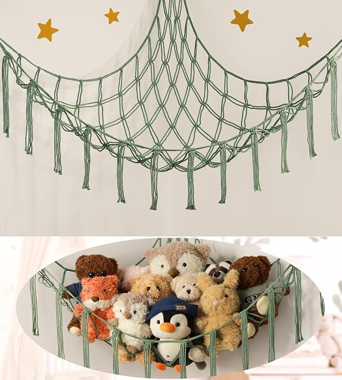 Stuffed Animal Hammock-Large Stuffed Animal Net For Toys Corner-Hanging Stuff Animal Toy Storage Organizer For Plush Plushie Display Yellow Girl Room Bedroom Boho Nursery Decor Toy Storage