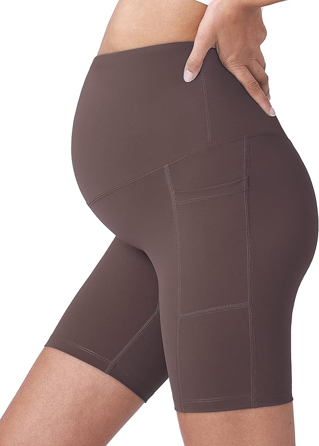 POSHDIVAH Women's Maternity Yoga Shorts Over The Belly Bump Summer Workout Running Active Short Pants with Pockets 5"/8"