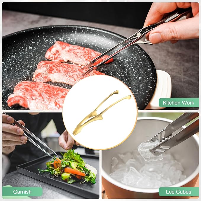 M METERXITY 5 Pcs Korean and Japanese BBQ Tongs 11.5 Inch Barbecue Tongs 430 Stainless Steel Kitchen Self-Standing Grill Non-Slip for Grill/Salad/Camping/Cooking [Gold]