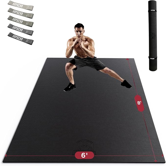 HAPBEAR Large Exercise Mat-7'x5'/6'x8'/6'x9'/6'x10'/6'x12'x8mm(1/3"),Non-Slip, Ultra Durable, Thick Workout Mat for Home Gym Flooring Cardio, Yoga for Fitness, High-Density, Shoes-Friendly