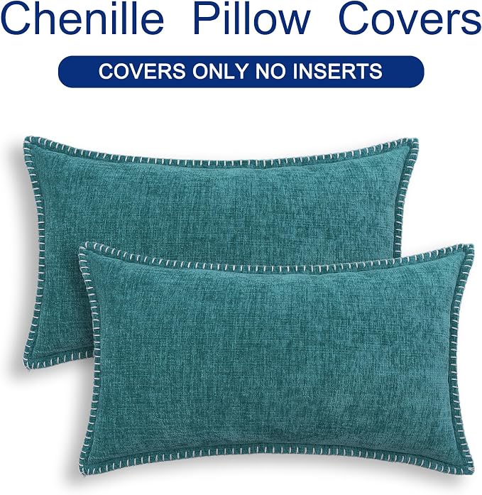 CaliTime Decorative Couch Throw Pillow Covers 20 X 12 Inches Teal | Pack of 2, Cozy Chenille Cushion Cases, Cotton Thread Stitching Edges, for Sofa Bed Living Room Farmhouse