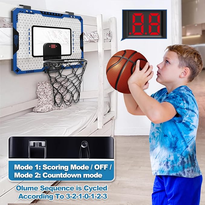 Indoor Basketball Hoop for Kids Age 5-10, with Electronic Scoreboard & 3 Balls - Over The Door Mini Hoop for Boys' Birthday