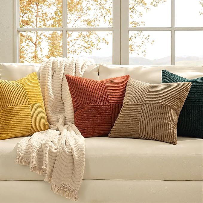 MIULEE Fall Green Rust Throw Pillow Covers 20x20 Inch Set of 4 Boho Farmhouse Soft Corduroy Striped Cushion Cases Decorative Color-Clash Home Decor for Couch Sofa Living Room Bed