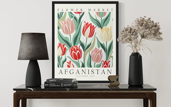 Afghanistan, Tulip Art Print Poster, Flower Market Wall Art, Floral Artwork Decor for Bedroom, Kitchen, Bathroom, Livingroom Decoration 52 (Afghanistan, Tulip, 14"L x 11"W, Black Frame)