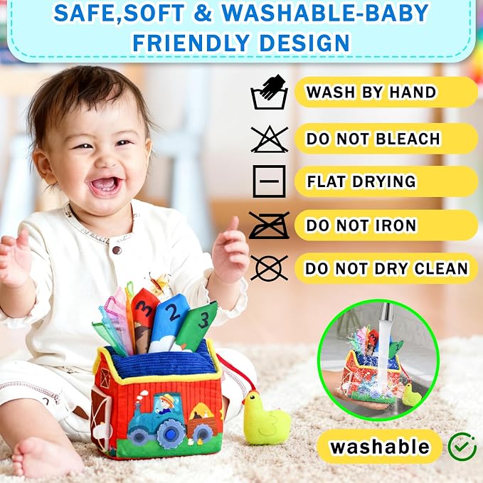 weirtoya Baby Tissue Box Toy-Montessori Sensory Activity Center for 6-18 Months,Farm Animals, Squeaky Sounds, Safety Mirror Play Silks, Top Choice for Baby Registry, Easter Baskets & Birthday Gifts