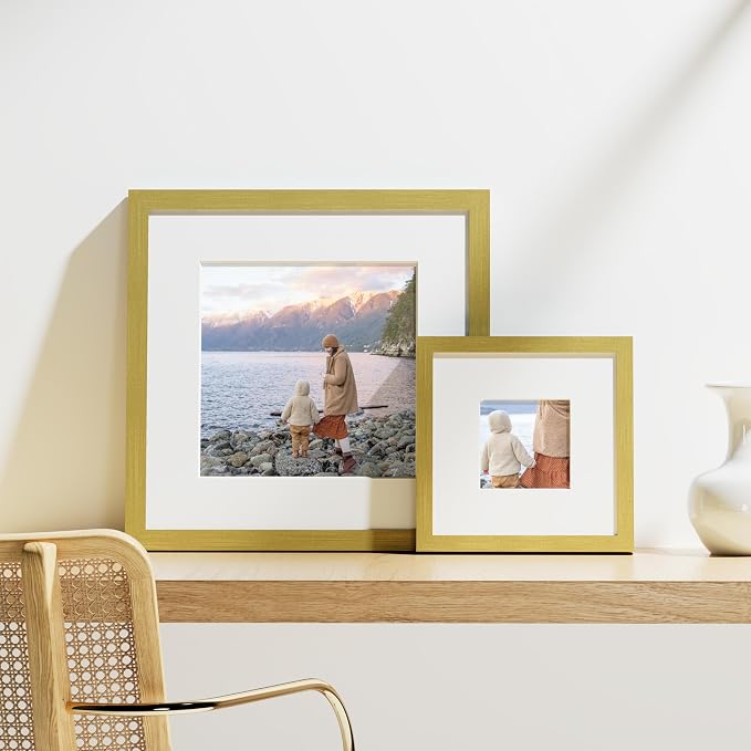 Vittanly 8x8 Picture Frames Set of 9 for Wall or Tabletop Display, Gold | Display Pictures 4x4 with Mat or 8x8 without Mat for Wall Mounting, Square Photo Frames for Home Decor, Engineered Wood