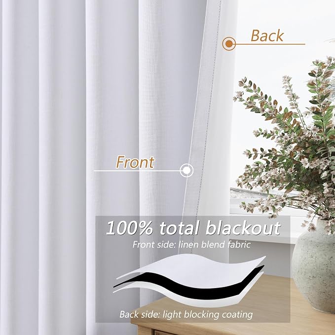 Guken White 100% Blackout Linen Curtains 52 Inch Wide by 134 Inch for Living Room Bedroom Back Tab/Rod Pocket Thermal Insulated Black Out Linen 2 Drapes Room Darkening Window Curtains,52x134