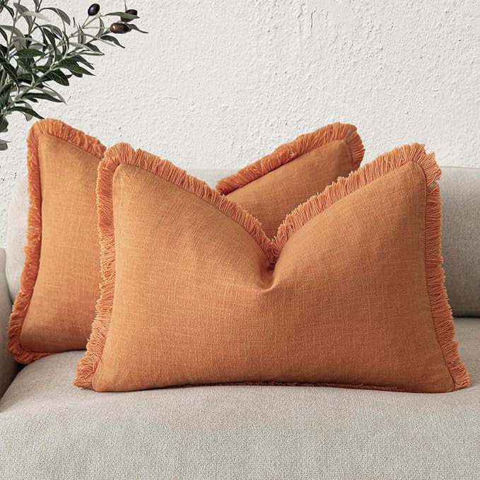 Foindtower Set of 2 Decorative Linen Fringe Lumbar Throw Pillow Covers Boho Farmhouse Cushion Cover with Tassels Soft Accent Pillowcase for Couch Sofa Living Room Home Decor,12×20 Inch,Dusty Orange