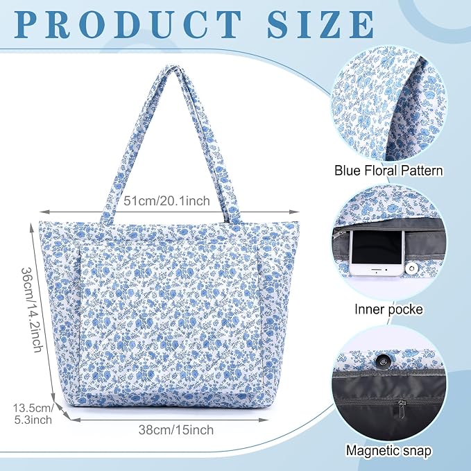 Sadnyy Blue Floral Quilted Yoga Bags with Mat Pocket for Women, Cute Cotton Floral Yoga Tote Carrier with Shoulder Strap, Ideal for Pilates, Travel, Office, Beach & Workout