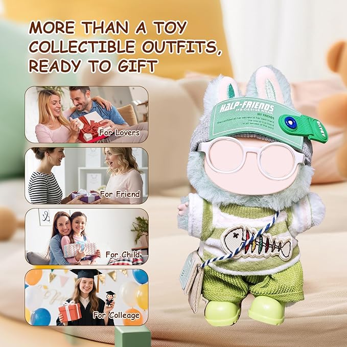17cm Doll Clothes Set (6-Pcs Outfit), Stylish Clothing for Bunny Doll with Top, Pants, Shoes & Accessories, Just Clothes