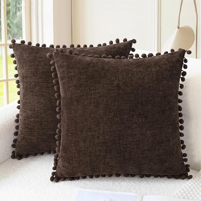 CaliTime Decorative Couch Throw Pillow Covers 22 X 22 Inches Coffee | Pack of 2, Cozy Chenille Cushion Cases, with Pom Poms for Sofa Bed Living Room Farmhouse Home