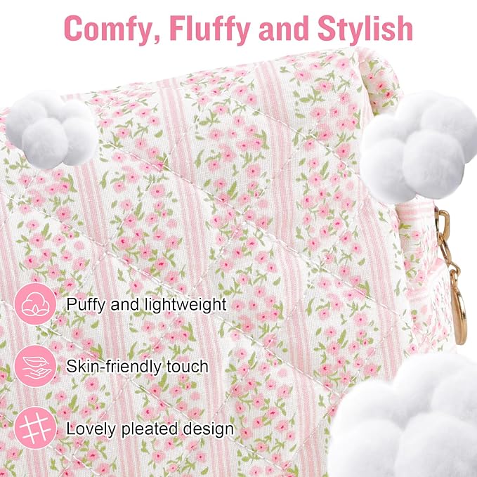 Personalized Quilted Cosmetic Bag, Puffy Monogrammed Christmas Birthday Gifts for Women & Girls, Cute initial Floral Makeup Bag Puffer Coquette Bag, Aesthetic Travel Toiletry Zipper Pouch(Pink,M)