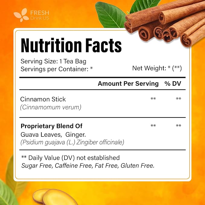 FreshDrinkUS, Premium Guava Vitality Tea | 75 Tea Bags | Guava Leaves, Cinnamon Stick & Ginger Herbal Tea – Caffeine Free Botanical Infusion – Warm & Aromatic Daily Tea – 100% Natural Ingredients